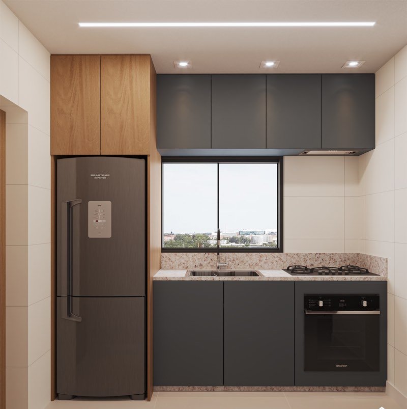 Render da cozinha, com armários grafite e madeira, bancada de granito, cooktop, forno embutido, geladeira e janela sobre a pia.