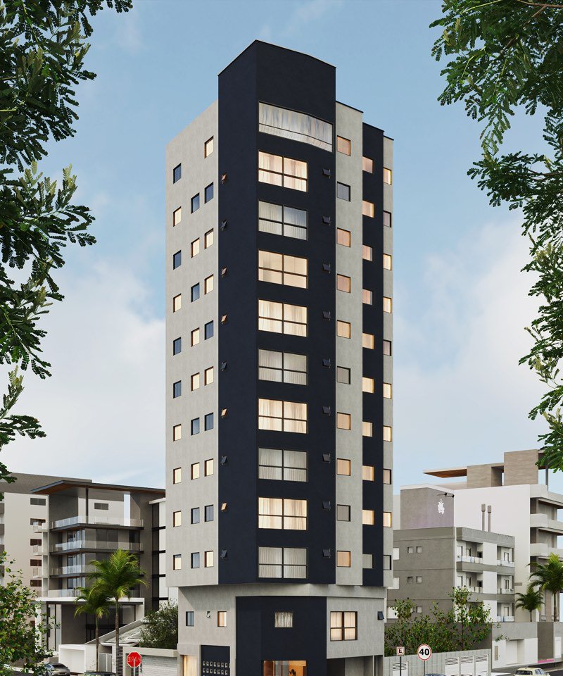 Render da fachada do edifício em Matipó: torre de doze andares em lote de esquina, com faixas verticais em cinza-claro e grafite, loja iluminada no térreo e avenida em primeiro plano.