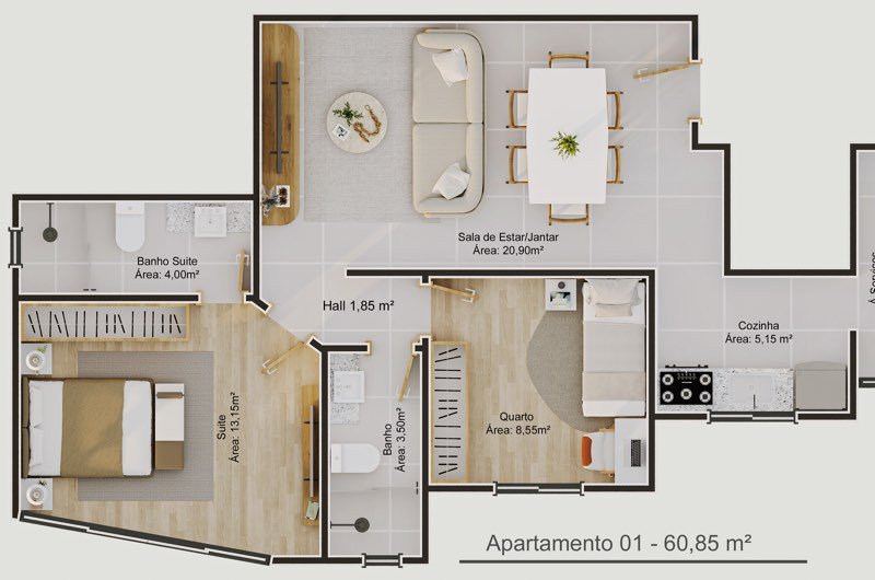 Planta humanizada da outra unidade do pavimento tipo, de 60,85 m², com suíte, segundo quarto, sala de estar e jantar, cozinha e área de serviço.