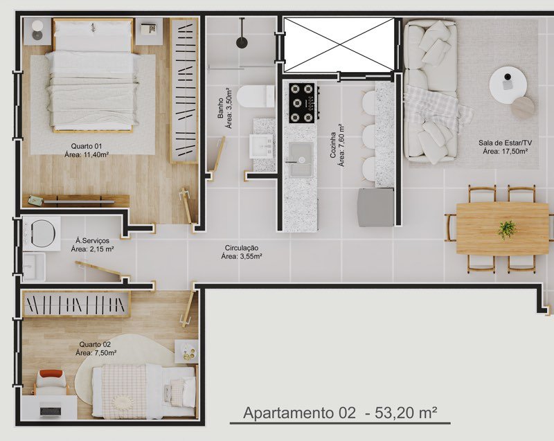 Planta humanizada do apartamento de 53,20 m²: dois quartos, banho, cozinha integrada à sala de estar e jantar, área de serviço e circulação, com mobiliário desenhado em vista superior.
