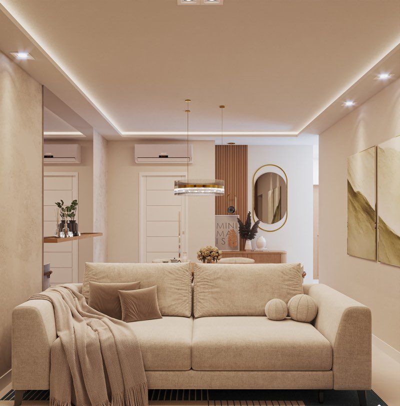 Render da sala de estar do apartamento, com sofá claro, iluminação embutida no forro, painel de madeira ao fundo e ar-condicionado na parede.